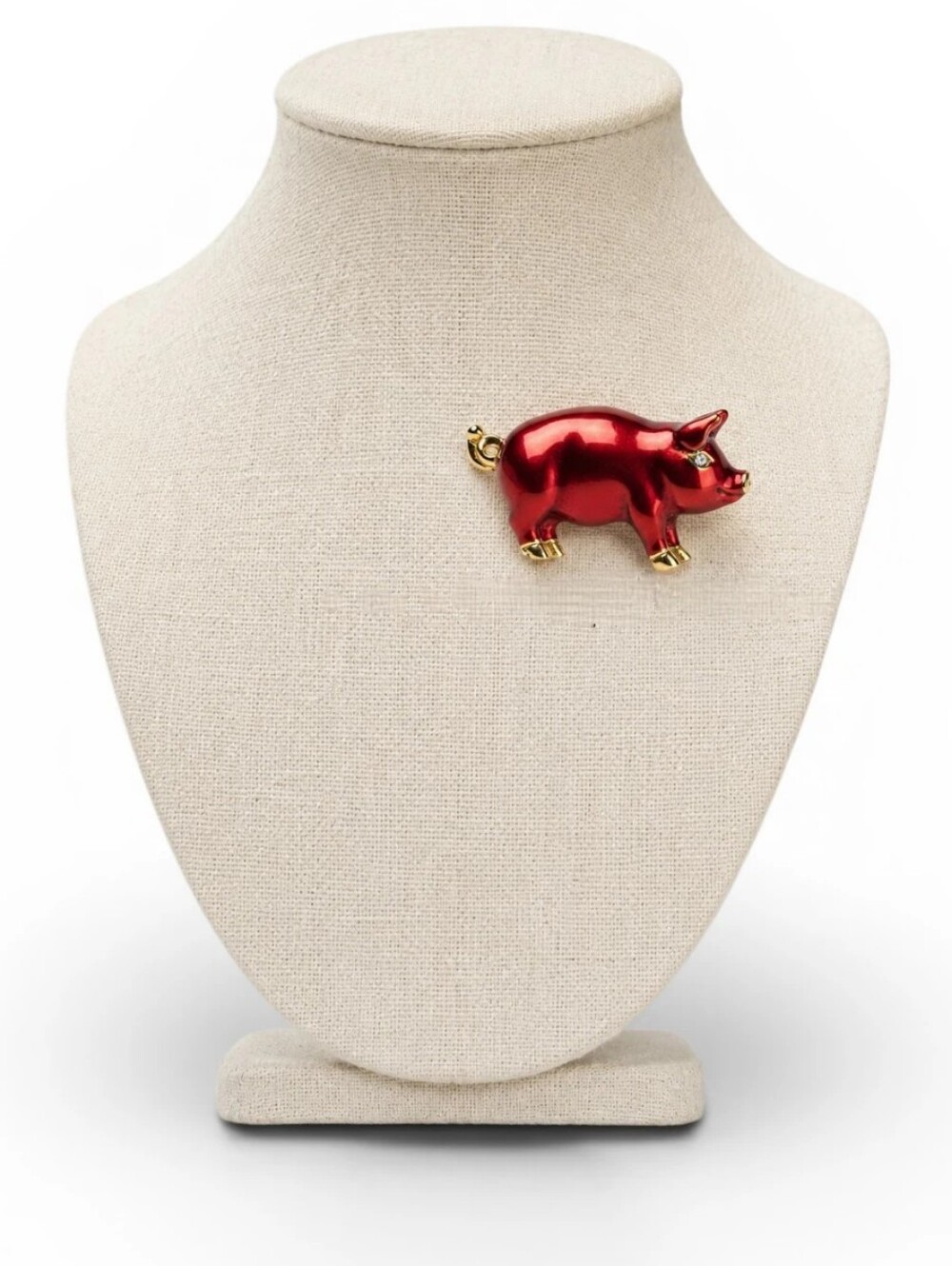 Vintage Red Enamel Pig Brooch Gold Tone Crystal Eyed Pin